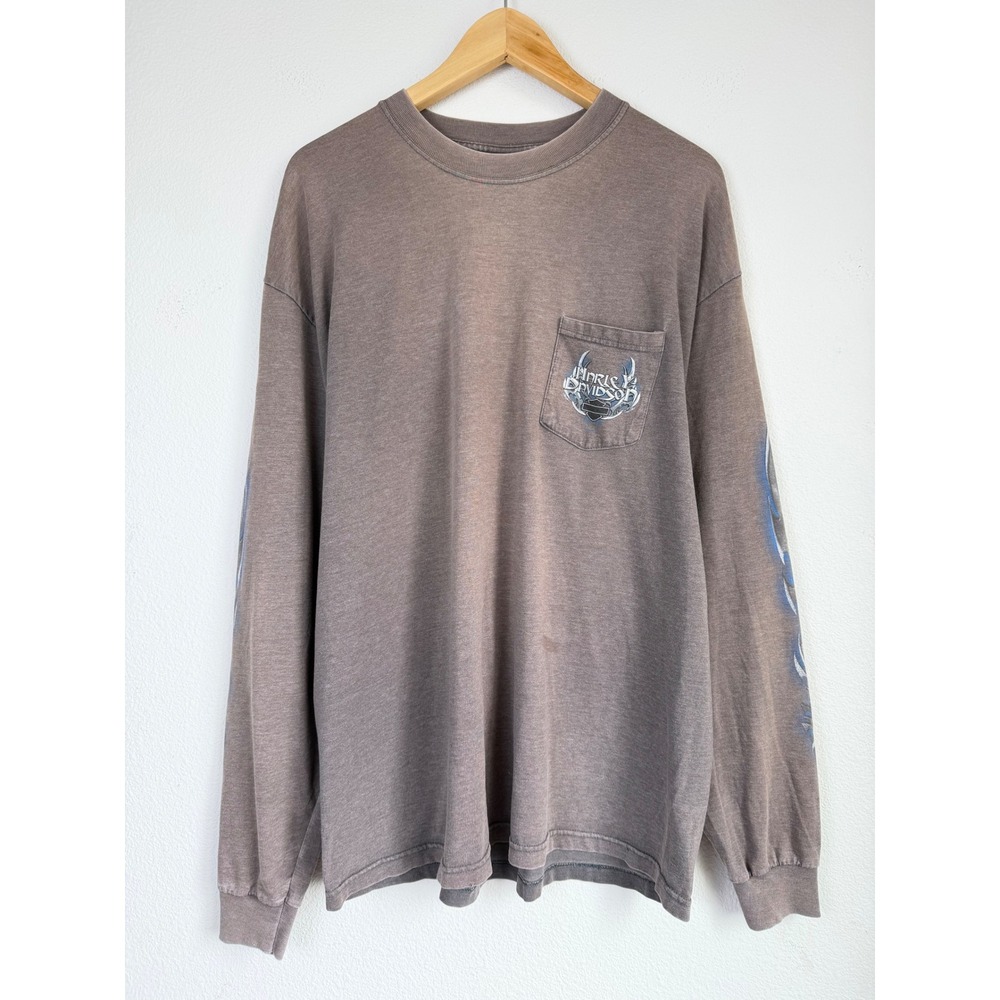 Harley Davidson Mens Long Sleeve XL Brown Blue Flame Y2K Graphic Pocket Tee